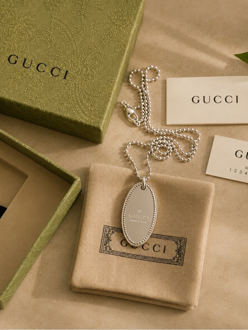 GUCCI Sterling Silver Oval Logo Pendant Necklace w/ Box Papers NEW